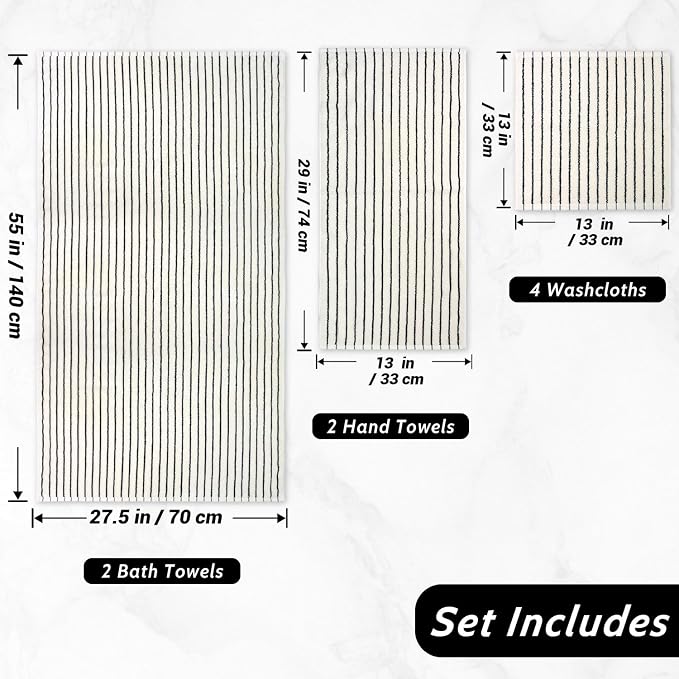 Jacquotha 8 Piece Black and Ivory Towel Set, Super Soft & Absorbent Cotton Striped Towels for Bathroom Decor, 2 Bath, 2 Hand, 4 Washcloths