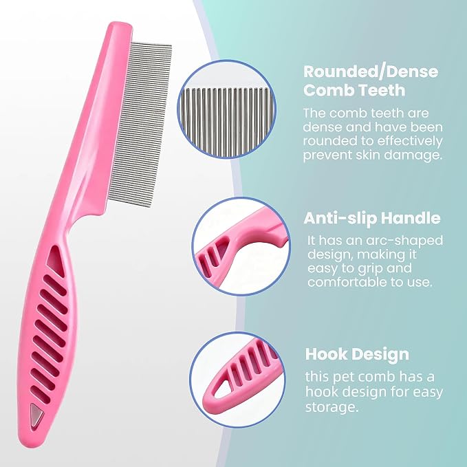 MEDUWEDU 5 Pack Flea & Lice Comb Set for Cats, Dogs & Kids – Stainless Steel Fine Tooth Nit Comb Kit with Double-Sided Tear Stain Remover, Grooming Brush & Peine para Piojos for Thick Hair (Pink)