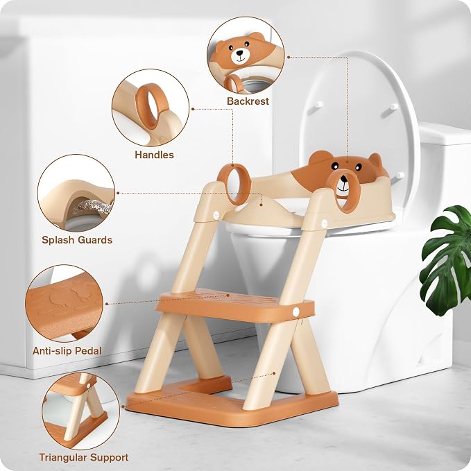Potty Training Seat, Upgrade Toddler Toilet Seat for Kids Boys Girls, 2 in 1 Potty Training Toilet, Splash Guard Anti-Slip Pad Step Stool(Brown)