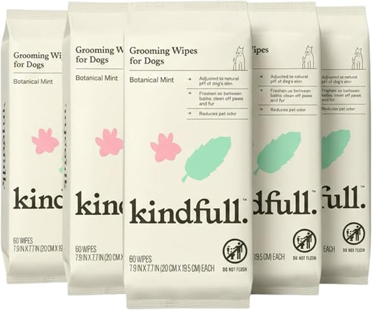 Dog Grooming Wipes – 5 Pack (300 Total), Botanical Mint Scent – Gentle, pH-Balanced Pet Wipes for Paws & Fur – Plant-Based, Alcohol-Free – 7.9" x 7.7" Each