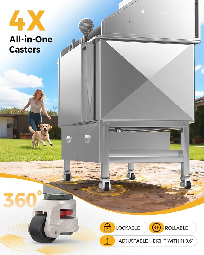 CAMMOO 50'' Dog Bathing Station - 304 Stainless Steel, Leak-Proof Deep Soak, Dog Bathing Station, 27.4" Wide Ramp, Swivel Wheels, Dog Grooming Tub, Piano-Key Faucet, 2 Drawers for Medium & Small Pets