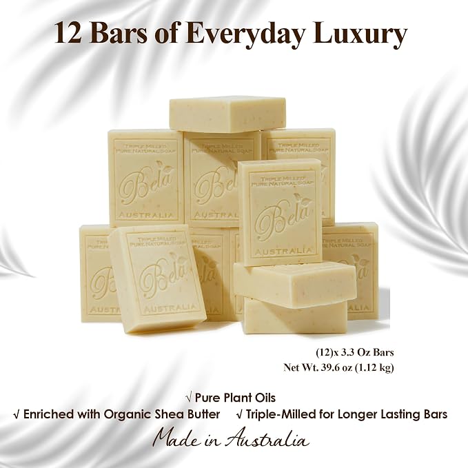 BELA Almond Soap 3.3 OZ Pack of 12, French Triple Milled Bar Soap with Organic Shea Butter, Hand, Face and Body Wash Bar Made in Australia