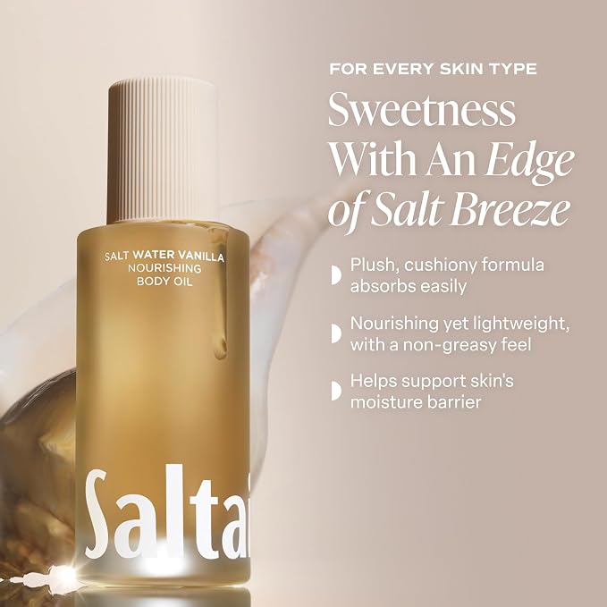 Saltair Body Oil - Jumbo Size Salt Water Vanilla After Shower and Bath Oil for Women and Men. Botanical, Non-Greasy, Well-Absorbing Moisturizer for Hydrating Dry Skin – 10oz Bottle