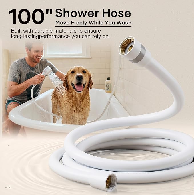 Premium Filtered Dog Shower Attachment, High Pressure Handheld Sprayer with One-Touch Water Control, G1/2" Metal 3-Way Diverter & 100" Hose for Easy Pet Bathing(Silver Spray Face)