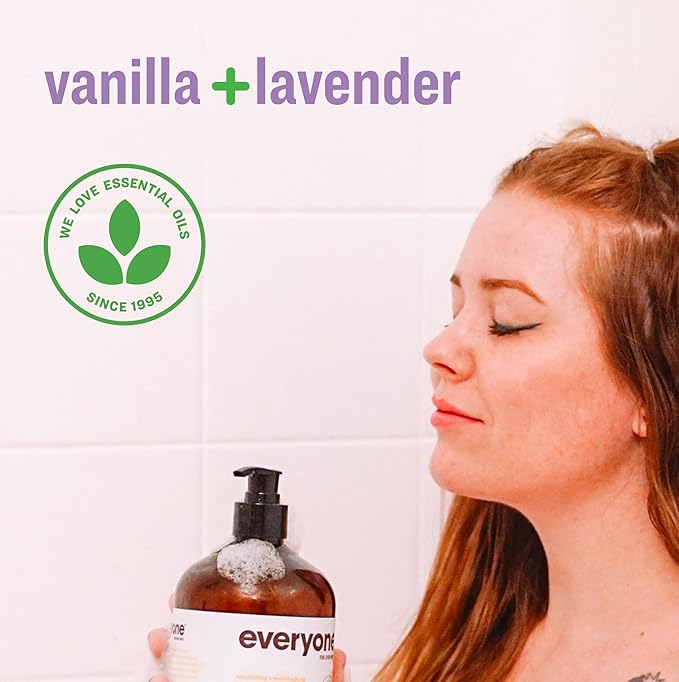 Everyone 3-in-1 Soap, Body Wash, Bubble Bath, Shampoo, 32 Ounce (Pack of 2), Vanilla and Lavender, made with Essential Oils for Men and Women