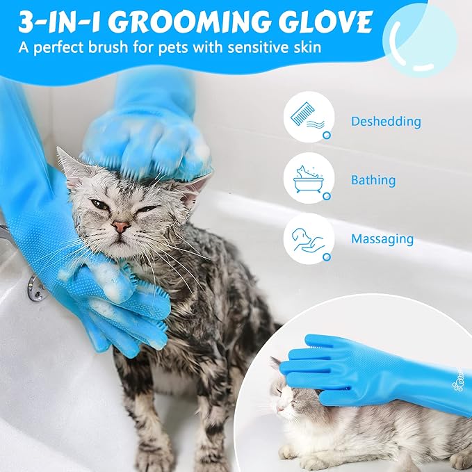Pecute Silicone Pet Grooming Gloves for Washing Cats Dogs Bath Brush Large | 3,000 soft bristles, Gentle massage & deshedding, Dishwasher safe, For large/thick coats, Home/car cleaning