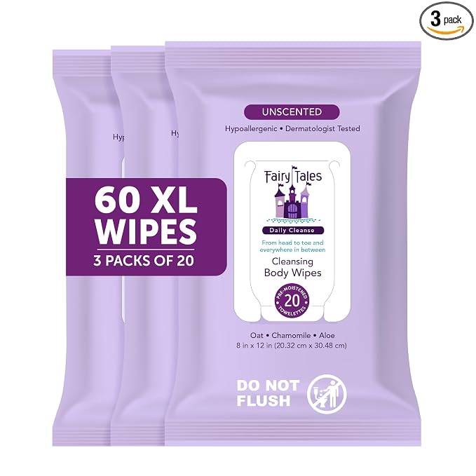 Fairy Tales Daily Cleanse XL Wipes for Kids – Extra Large Body Wipes, Gentle Disposable Washcloths, Unscented, Alcohol Free Cleansing Cloths – 3 pk (60ct total)