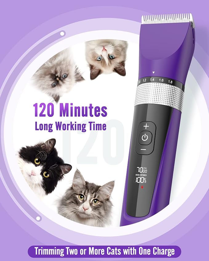 oneisall Cat Clippers for Matted Hair, 5-Speed Quiet Cat Grooming kit | Waterproof, 49dB Low Noise, 120min Long Battery Life LCD Display,4 Guards With Comb and Scissor,For Long Thick Matted Hair