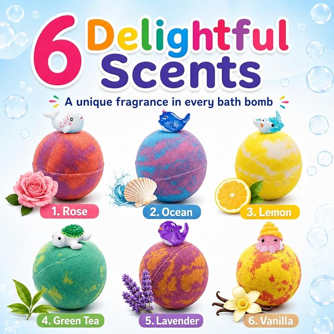 Bath Bombs for Kids with Surprise Inside, 6 PCS Bath Bombs Gift Set with Sea Animal Toys, Fizzy Bubble Bath Bombs with 6 Scents for Girls Ages 3+, Kids Bath Bombs for Toddler Christmas Birthday Gifts