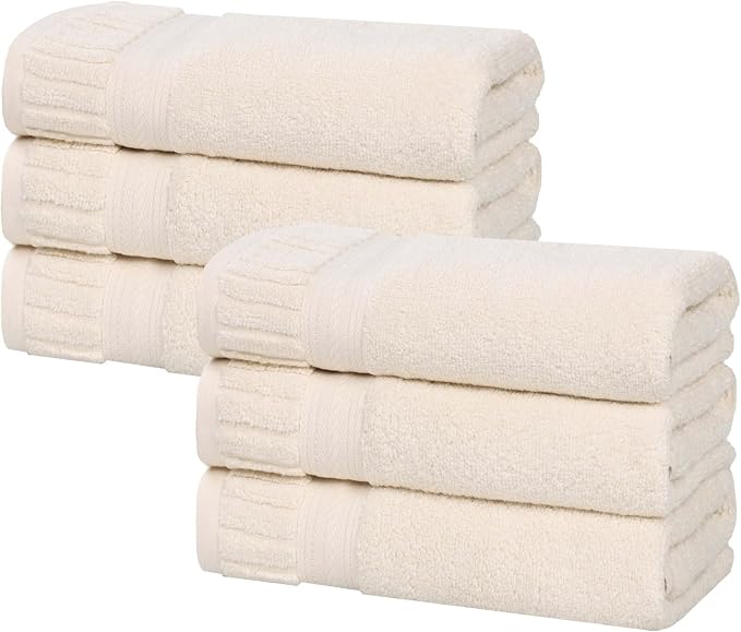 Superior Venice Zero Twist Cotton Medium Weight Towels, for Kitchen, Bathroom, Shower, Spa, Plush Towels, Bath Essentials, Ribbed Textured Border, Absorbent Hand Towels, Set of 6, Ivory