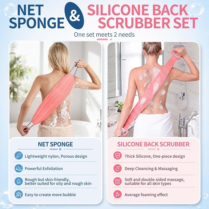 Manmihealth Silicone Back Scrubber for Shower & African Net Sponge Net Set, 36'' Dual-Sided Back Washer & African Long Bath Sponge, Extendable Long Silicone Body Brush (Pink+Pink)