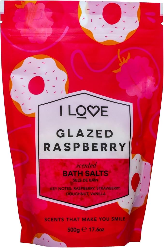 I Love Glazed Raspberry Scented Bath Salts - Soothing, Hydrating Bath Soak - Relaxing Bath Salts with Raspberry Donut Scent - Skin-Softening - 17.6 oz