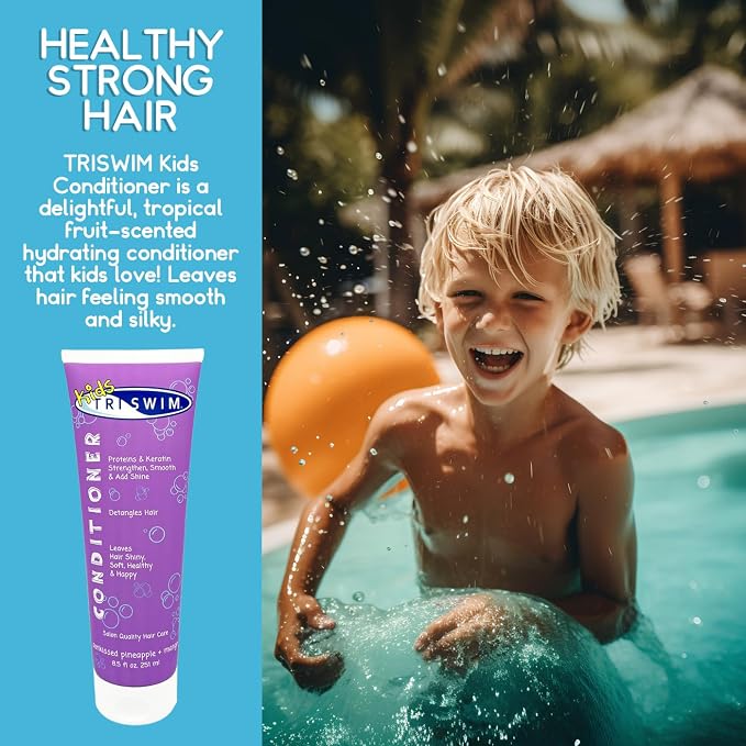 TRISWIM Kids Swim Conditioner 8.5oz | Strengthens, Moisturizes & Detangles | Leaves Hair Hydrated, Shiny & Smooth | Lightweight Formula for Everyday Use | Sunkissed Pineapple + Mango Scent