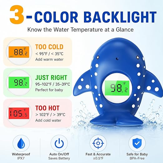 Baby Bath Thermometer for Infant & Toddler,Floating Digital Water Temperature Thermometer with 3-Color LED Backlight, Instant Accurate Reading,Baby Bath Toy,Hot & Cold Alert（Deep Blue Whale）