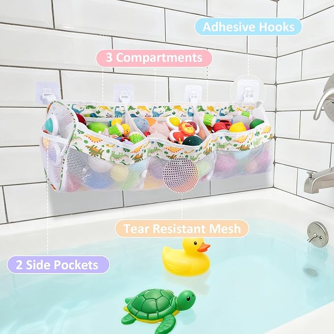 Bath Toy Organizer,3 Compartment Horizontal Large Bath Toy Storage with 4 Suction Hooks,Baths Toys Storage Holder Bag Tidy for Accessing & Sorting Toys,Dinosaur