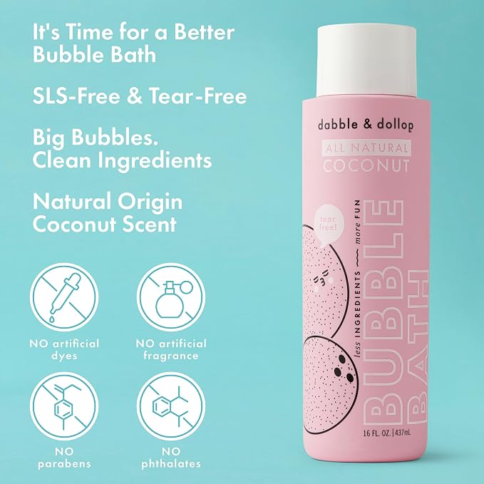 Dabble & Dollop Coconut Bubble Bath for Kids & Family – Premium Tear-Free Bubble Bath for Sensitive Skin, Natural Origin Scent, Hypoallergenic Bath Bubbles (16 fl oz, Pack of 2)