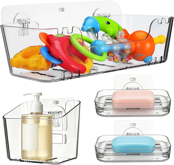 Wakauto 4 Pack Clear Bath Toy Organizer & Shower Caddy Set, Adhesive Bathtub Storage Basket for Kids Baby Toys, Acrylic Bathroom Wall Holder Bin (1 Large & 1 Small Organizer, 2 Soap Dishes)
