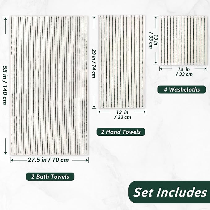 Jacquotha 8 Piece Green Towel Set, Super Soft & Absorbent Cotton Striped Towels for Bathroom Decor, 2 Bath, 2 Hand, 4 Washcloths