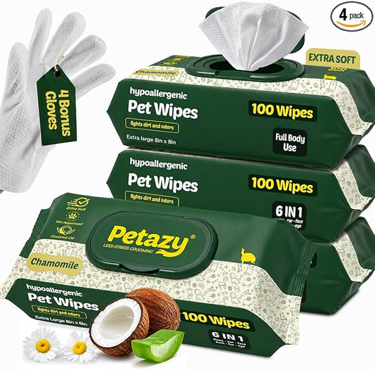 Petazy Pet Wipes for Dogs and Cats – 400 Count (8x8in) Hypoallergenic, Deodorizing Dog Wipes for Paws, Ears and Butt | XL with Aloe & Coconut Oil, Chamomile Scented | Includes 4 Grooming Glove Wipes