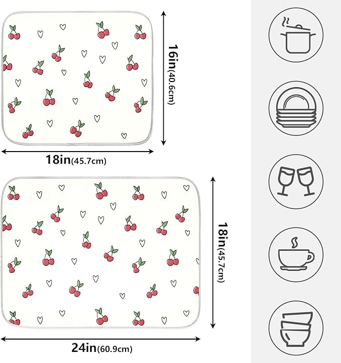 Cute Cherry Heart Pattern Dish Drying Mat, Absorbent Drainer Mats for Kitchen Counter Coffee Maker 18"x16"