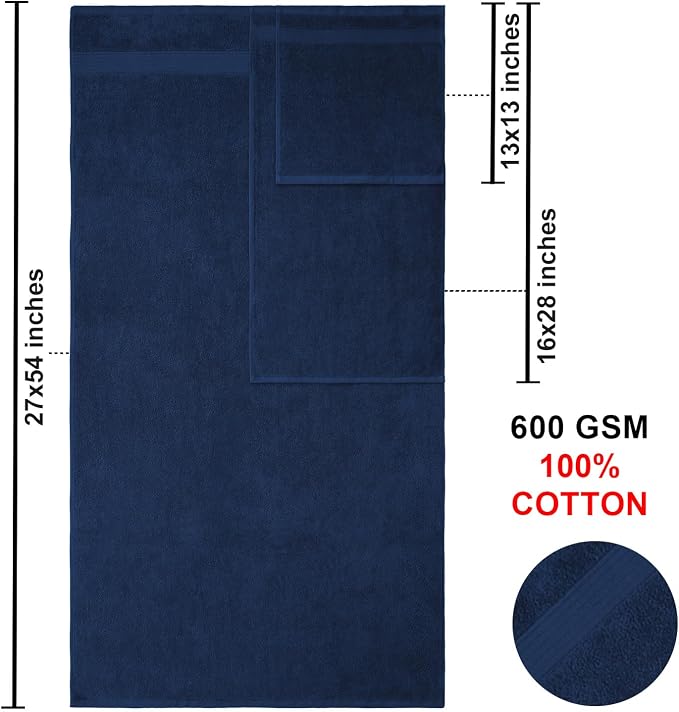American Bath Towels 100% Cotton 6 Piece Turkish Towel Set, Ultra Soft Absorbent Bathroom Towels, 2 Bath Towel 2 Hand Towels 2 Washcloths, Navy Blue