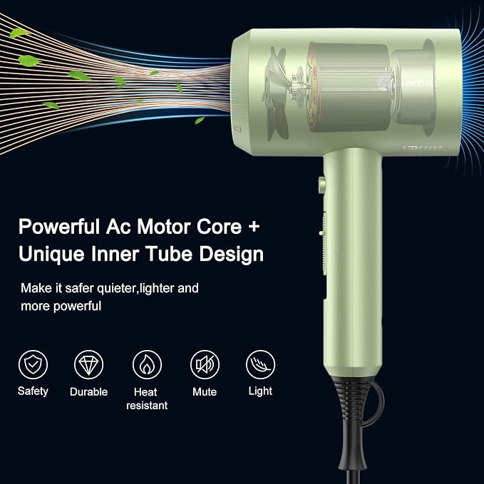 slopehill Professional Ionic Hair Dryer, Lime Cream | 1800W Fast Drying, Low Noise, 2 Concentrator Nozzles, 1 Diffuser Attachment