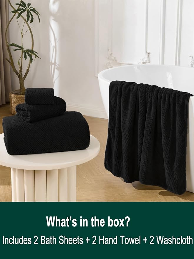 Extra Large Bath Sheets Set 6-Piece, 2 Bath Towels 40x80 Inches, 2 Hand Towels, 2 Washcloths, Soft Absorbent Quick Dry Microfiber Towels for Bathroom Beach Pool Gym Spa, Black