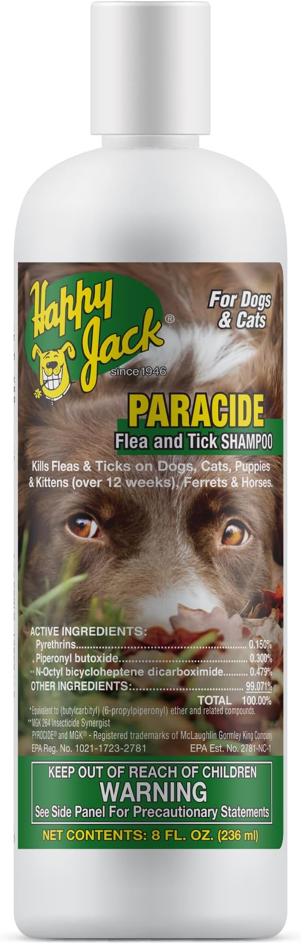 Happy Jack Paracide Flea & Tick Shampoo for Dogs & Cats, 8 oz | Medicated Treatment, Kills Fleas, Ticks & Mites on Contact, 30-Day Prevention, Deep Coat & Skin Protection, Sensitive Pets