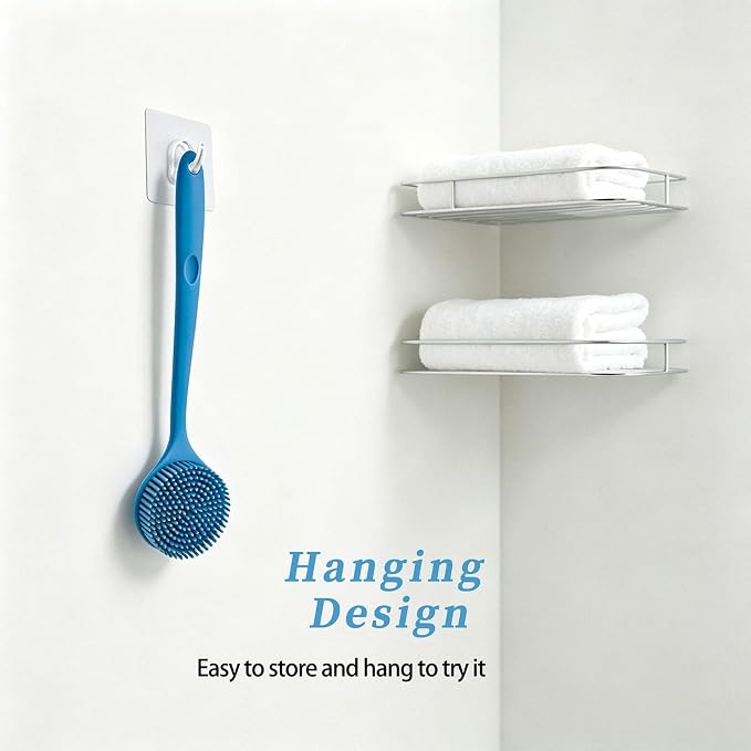Silicone Back Scrubber for Shower, 17in Lengthen Long Handle Body Brush, Double Sided Shower Brush for Shower Exfoliating and Massage,Includes 2 Hooks (Blue)