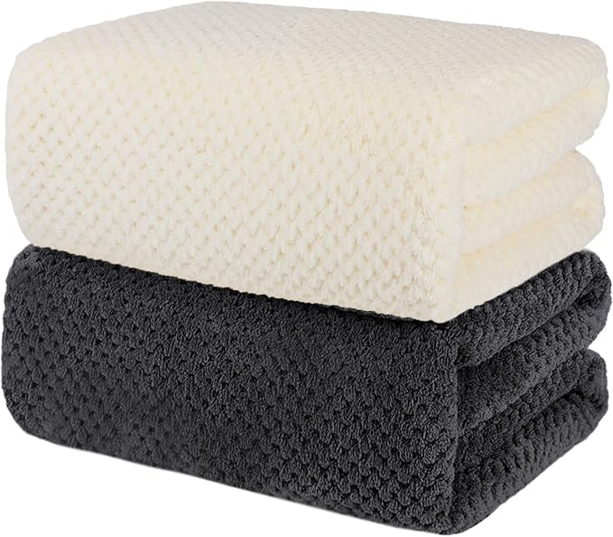 2 Pack Bath Towel Set, Waffle Bath Towel Set, Microfiber Super Soft Highly Absorbent, Sturdy Quick Drying Towels for Bathroom, Gym, Sports, Yoga(2 Piece 27" x 55", 1Grey+1Beige White)