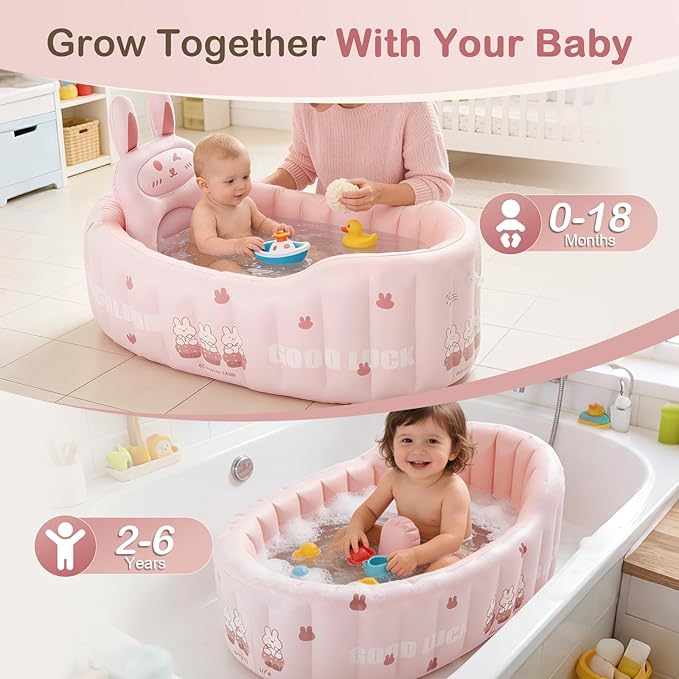 Inflatable Baby Bathtub with Seat Cushion & Air Pump, Newborn to Toddler Bath Tub, Foldable Portable Toddler Tub for Shower Sink, Non-Slip Texture, Quick-Drain, Travel-Ready, Pink