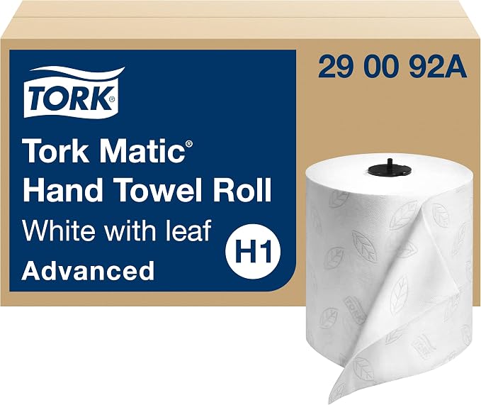 Tork Matic Hand Towel Roll, White With Gray Leaf, H1, 100" Recycled Fiber, 2-Ply, 6 Rolls x 525 ft - 290092A & Mini Jumbo Bath Tissue Roll - Toilet Paper Towels, 12 rolls x 1075, 2-Ply Sheets, White