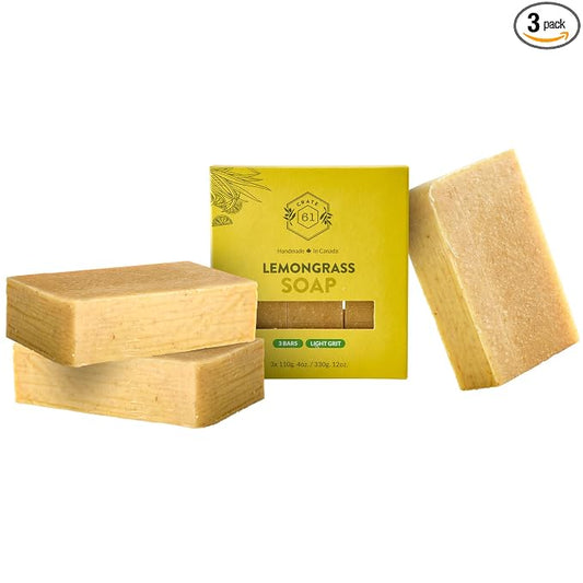 Crate 61 Organics, Handmade in Canada, Plant Based Cold Process Natural Bar Soap For Face And Body, With Premium Essential Oils, For Men And Women 3 Pack (Lemongrass)