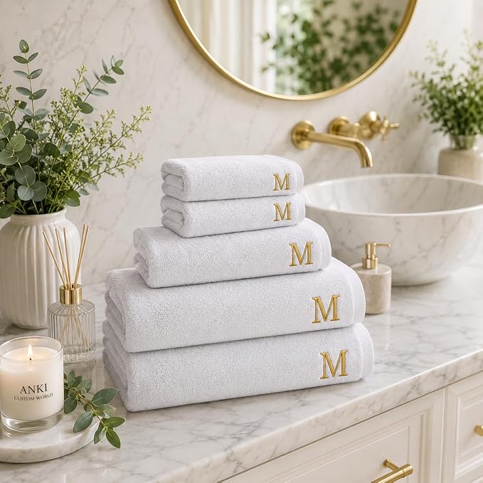 Set of 6 - Personalized Towels - Customized Turkish Bath Towel - Monogrammed Towels with Name Embroidery - Custom Towel Set - Housewarming Gifts (White, 6 Pieces - Towel Set)