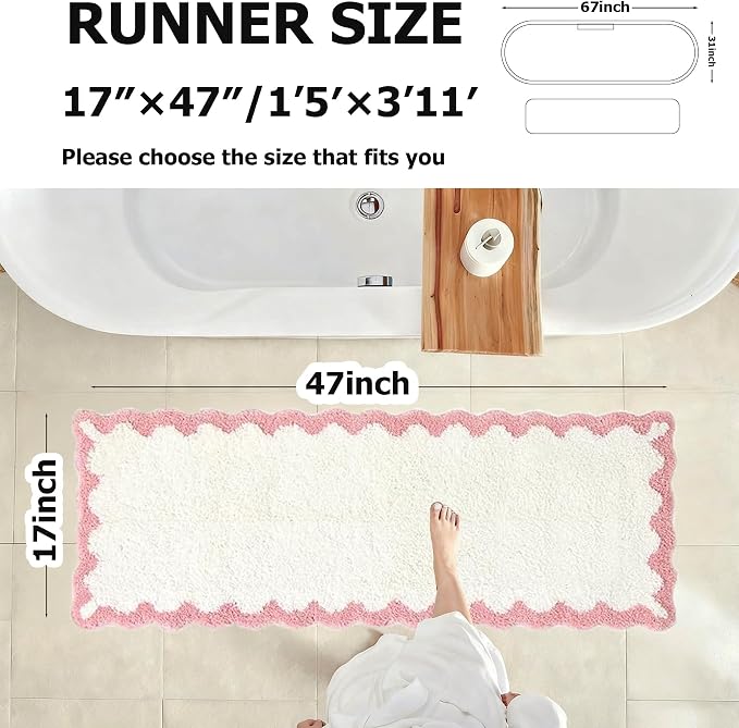 ORTIGIA Long Cute Scalloped Bathroom Rugs Runner, Fun White and Pink Plush Microfiber Scallop Bath Mats Non Slip Washable Quick Dry Absorbent, Rug Carpet for Bathtub Sink Laundry Room Bedroom, 17x47