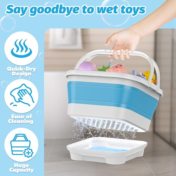 Anivia Foldable Bath Toy Storage Organizer with Removable Base, Quick-Drain-Drying Bathtub Toy Holder Basket for Kids, Blue