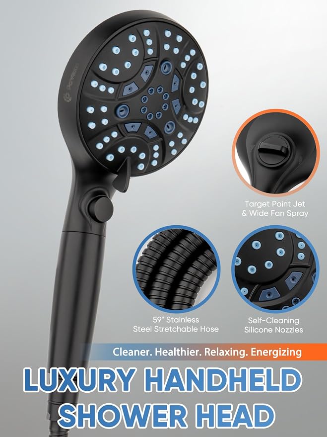 High Pressure Handheld Shower Head with Filter & ON/OFF Switch, Modern Black