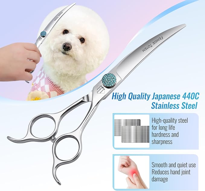 Fenice Professional Grooming Curved Shear: 30 Degree Super Curves Scissors for Dogs 6.5" Big Arc Curved Shears Made Of Japanese 440C Stainless Steel
