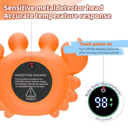 Baby Bathtub Thermometer with LED Display Screen+Orange Crab toy-2-in-1 | Color Coded Alarm (Cold/Comfortable/hot) Bath Temperature Monitor, Adorable Floating Toys for Infants, Essential for Babies