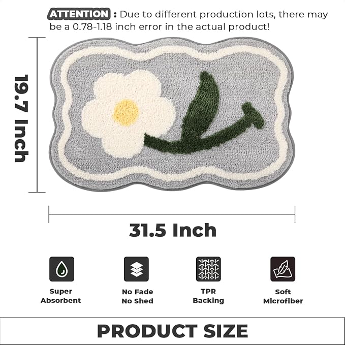 Simplicity Flower Bathroom Mat Non Slip Bath Rug Extra Absorbent and Soft Microfiber Bath Carpet Machine Washable Bath Rug for The Entrance of The Door, Bathroom and Bedroom (31"x20",Grey)
