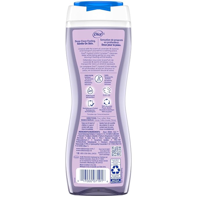 Dial Body Wash, Hydraclean Complex & Vitamin E, Gentle, Leaves Skin Feeling Nourished, Dermatologist-Tested, No Parabens & Sulfates, Calm & Soothe, Lavender & Jasmine Scent, 16 fl Oz (Pack of 4)