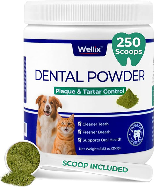 Wellix 8.82oz Dog Teeth Cleaning Powder - Dog Dental Care Powder and Cat Breath Freshener - Plaque and Tartar Remover with Enzymes & Mint for Dogs & Cats of All Ages and Breeds