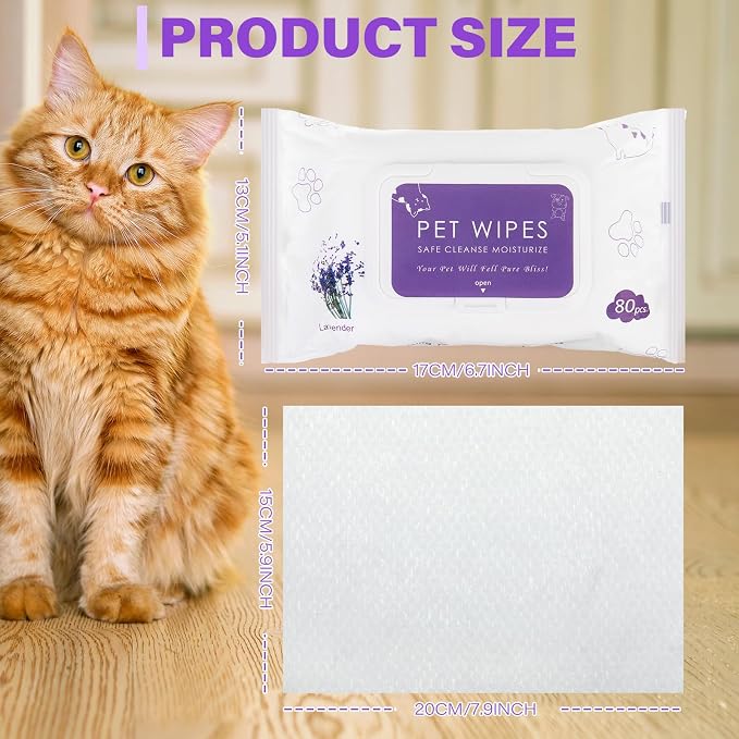 Treela 10 Packs of 80 Dog Wipes Pet Wipes Cat Grooming Supplies for Paws, Butt, Ear, Skin, Body Bath Cleaning Stain Odor Remover, Home or Travel Use(Lavender)