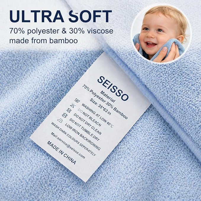 SEISSO 4 Pack Extra Large Bath Towels 63"x35", Bath Sheets for Sensitive Skin 70% Polyester 30% Viscose Fiber from Bamboo, Super Soft, Highly Absorbent & Quick Dry, Oversized (4, Light Blue+Brown)