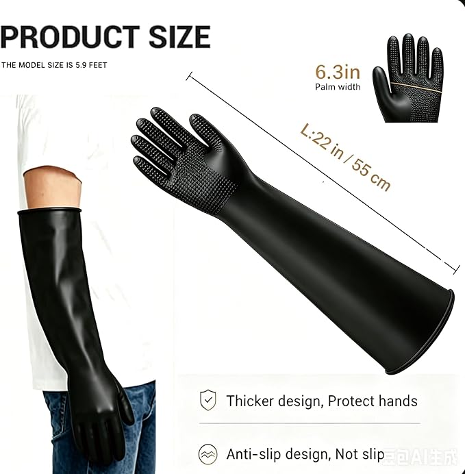 YOFANG 22" Extra Long Waterproof Pet Grooming Bath Gloves for Dogs Cats | Anti-Scratch Thick Rubber Washing Gloves with Soft Diamond particles,Efficient Hair Removal Bathing Gloves,Black