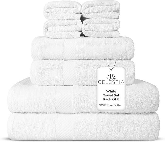 8-Piece 100% Cotton Towel Set, 2 Bath Towels, 2 Hand Towels, 4 Wash Cloth, Quick-Dry, White