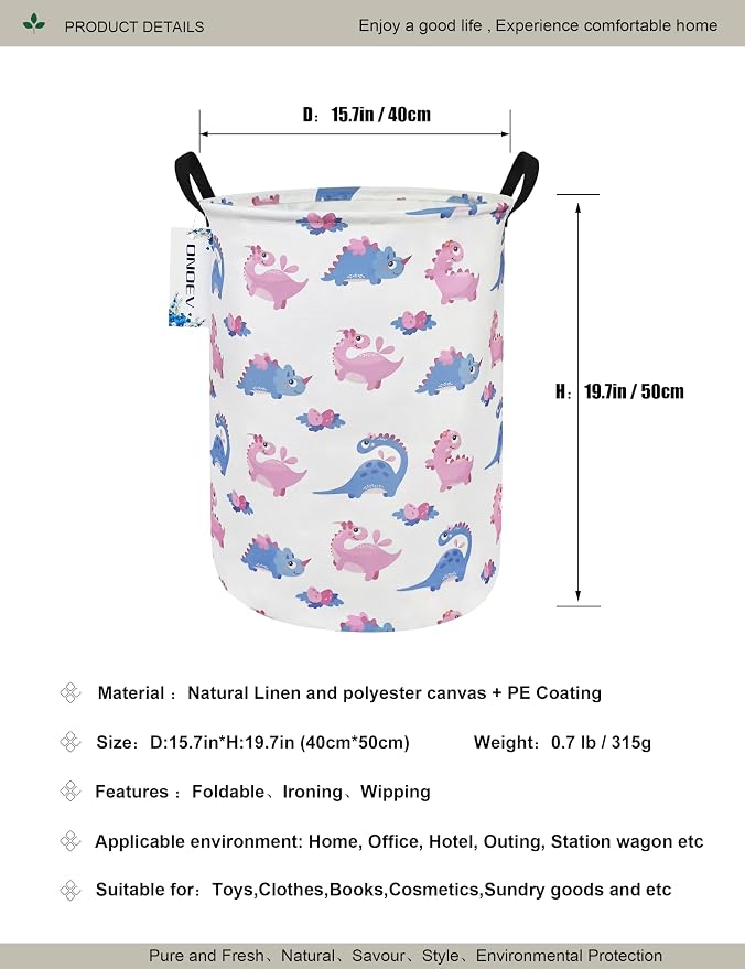 Round Pink Dinosaur Laundry Hamper, Household Storage Bin | waterproof foldable canvas bin with sturdy grip handles, large capacity, tidy organizer for bath linens and kids garments