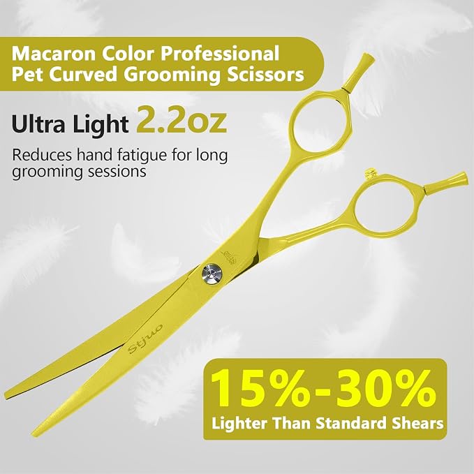 Professional Dog Grooming Scissors: 7" Japanese 440C Steel, Curved Shears with 25-30° Blade for Pet Groomers (Yellow)