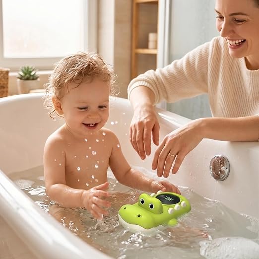 Baby Bath Thermometer - Alligator Shaped Digital Floating Water Thermometer with LED Display & Water Spray Gift for Infants Newborns Toddlers, Waterproof Bath Tub Sensor with Color Alerts