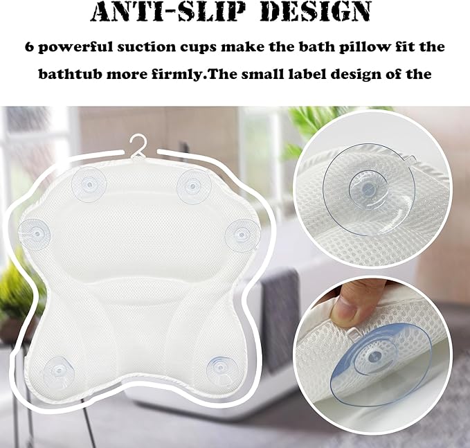 Bath Pillow Spa Bathtub Ergonomic for Tub, Neck, Head, Shoulder Pillows Support Cushion Headrest,Strong Grip Suction Cups Soaking and Luxury Soft 4D Mesh